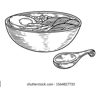 Ramen miso soup. Japanese cuisine ingredient. Vintage hand drawn sketch engraving vector illustration.