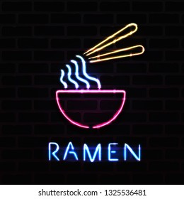 Signo de neón de Ramen en la ilustración vectorial de la pared de ladrillo negro