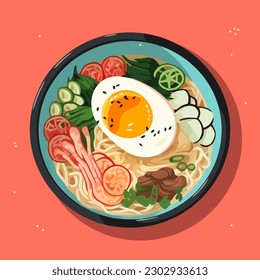 ramen noodle with big egg in bowl cartoon vector hand drawn illustration