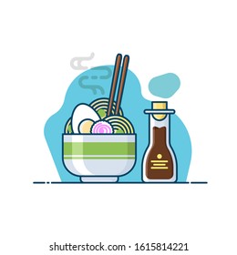 Ramen noodle with bottle sauce vector illustration. For sticker, web landing page and more.