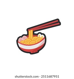 Fideos de ramen en un tazón y palillo con diseño de Vector plano de contorno.