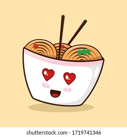 ramen noodle bowl lovely face food cute cartoon mascot character for logo, sticker, emoticon. vector illustration