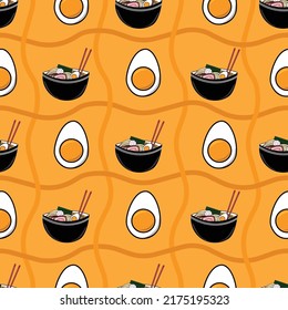 Ramen noodle bowl with sliced egg in yolk