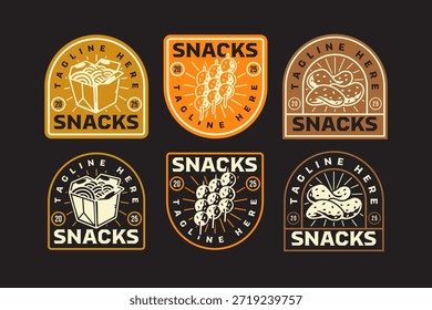 Caixa de macarrão Ramen, Bolo de peixe skewered ball, Batata chips Comidas de rua emblema retro rústico patch logo design definido para restaurante, cafés, lanche fast food, culinária, pastelaria, padaria. Ilustração vetorial