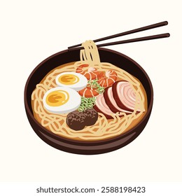 Ramen noodle cartoon vector. Bowl of wheat shrimp sashimi,Meatball,fish meat,egg,national traditional Asian street food,isolated illustration