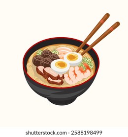 Ramen noodle cartoon vector. Bowl of wheat shrimp sashimi,Meatball,fish meat,egg,national traditional Asian street food,isolated illustration