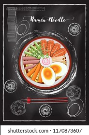 Ramen noodle with chalkboard background in hand draw style