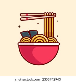 Ramen Noodle With Chopstick Cartoon Vector Icon Illustration. Food Object Icon Concept Isolated Premium Vector. Flat Cartoon Style