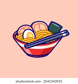 Fideos de Ramen con ilustración de Vector de dibujos animados de palillos. Concepto de icono de objeto de comida Vector de Premium aislado. Estilo plano de la historieta