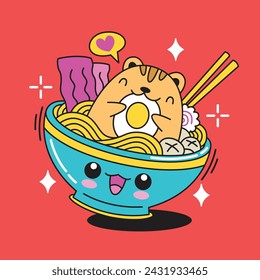 Ramen fideo lindo kawaii doodle ilustración