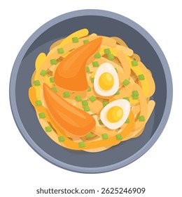 Ramen noodle dish served on a plate with boiled eggs and sliced chicken, garnished with green onions