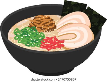 Ramen is a noodle dish that mainly consists of Chinese noodles and soup, with various toppings such as chashu pork, menma, seasoned eggs, chopped green onions, seaweed, and Naruto rolls.