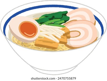 Ramen is a noodle dish that mainly consists of Chinese noodles and soup, with various toppings such as chashu pork, menma, seasoned eggs, chopped green onions, seaweed, and Naruto rolls.