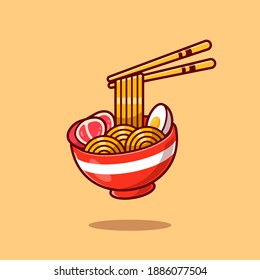 Huevo De Fideos Ramen Y Carne Con Ilustración De Icono Del Vector De Caricatura De Palo. Vector Premium Aislado Con Concepto De Icono De Comida Y Bebida. Estilo de dibujo plano