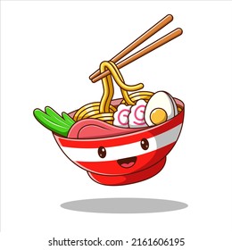 Ramen Noodle Egg And Meat With Chopstick Cartoon Vector Icon Illustration. Food And Drink Icon Concept. Flat Cartoon Style