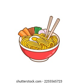 Huevo De Fideos Ramen Y Carne Con Ilustración De Icono Del Vector De Caricatura De Palo. Vector Premium Aislado Con Concepto De Icono De Comida Y Bebida. Estilo de dibujo plano