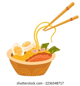 Ramen noodle with egg, meat, fish, shrimp and seaweed. Asian Savoury Soup Served in Bowl with Chopsticks. Perfect for restaurant cafe and print menus. Vector hand draw cartoon illustration. 