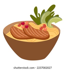 Ramen noodle with egg, meat, fish, shrimp and seaweed. Asian Food. Perfect for restaurant cafe and print menus. Vector hand draw cartoon illustration. 