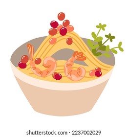 Ramen noodle with egg, meat, fish, shrimp and seaweed. Asian Food. Perfect for restaurant cafe and print menus. Vector hand draw cartoon illustration. 
