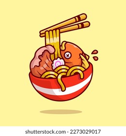 Ramen Noodle Fish With Chopstick Cartoon Vector Icon Illustration. Food Object Icon Concept Isolated Premium Vector. Flat Cartoon Style