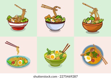 Ramen With Noodle High-Quality Premium Set. Delicious Asian Food Clip Art With Modern Background. Best Creative Noodle Illustrations Vector Art With Hi-Quality.