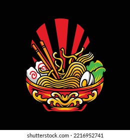 Ramen noodle illustration vector design with egg and meat toppings, can be used for merch, t-shirt designs, posters, etc.