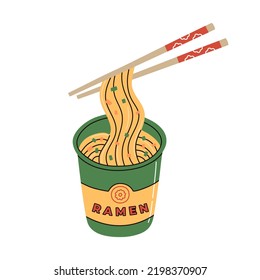 Ramen noodle instant cup with chopsticks. Traditional asian fast food. Popular hot meal. Hand drawn colored vector illustration isolated on white background. Modern flat cartoon style.