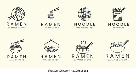 ramen noodle japanese minimalist line art set logo icon template vector design