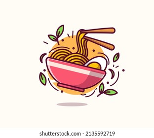 Ramen Noodle. Noodles With Eggs. Bowl With Ramen. Vector Illustration Of Cartoon Logo Icon.