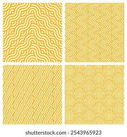 Ramen noodle pattern backgrounds set of asian cuisine food. Vector japanese or chinese ramen instant noodle pasta soup seamless patterns. Yellow wave lines and swirls abstract geometric backgrounds