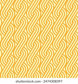 Ramen noodle pattern with braided line ornament, vector seamless background. Abstract yellow noodles pattern with curly wavy knit lines of instant noodles for Asian Chinese or Japanese background