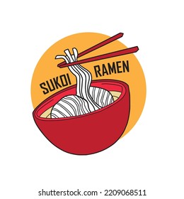 Ramen o fideos en tazón rojo con palillos. Ilustración vectorial plana dibujada a mano. Logo de iconos para marca, restaurante, menú, banner, afiche, folleto. 