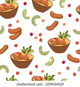 Ramen noodle seamless pattern. Asian food background. Perfect for restaurant cafe and print menus. Vector hand draw cartoon illustration. 