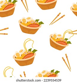Ramen noodle seamless pattern. Asian food background. Perfect for restaurant cafe and print menus. Vector hand draw cartoon illustration. 