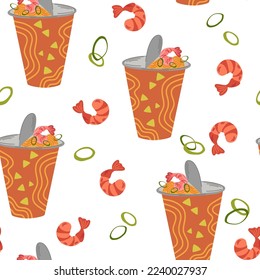 Ramen noodle seamless pattern. Asian food background. Perfect for restaurant cafe and print menus. Vector hand draw cartoon illustration. 