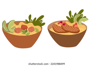 Ramen noodle set. Asian Food. Ramen noodle with egg, meat, fish, shrimp and seaweed. Perfect for restaurant cafe and print menus. Vector hand draw cartoon illustration. 