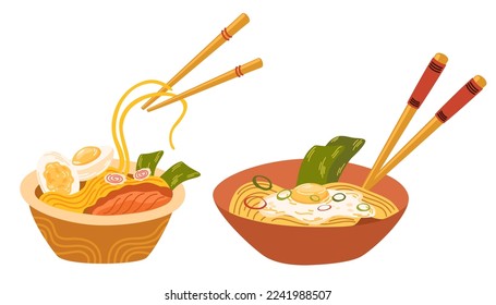 Ramen noodle set. Asian Food. Ramen noodle with egg, meat, fish, shrimp and seaweed. Perfect for restaurant cafe and print menus. Vector hand draw cartoon illustration. 