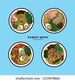 Ramen Noodle Set Menu Illustration On Colored