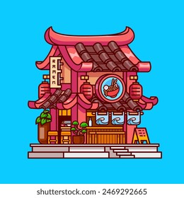 Ramen Noodle Shop Ilustración de Vector de dibujos animados de construcción. Concepto de ícono de construcción de alimentos Vector Premium aislado. Estilo plano de dibujos animados