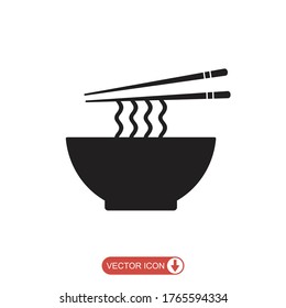 Ramen Noodle Soup Bowl With  And Chopsticks Icon In Flat Style,,ramen Isolated On White Background, Vector Icon For Food Business Concept