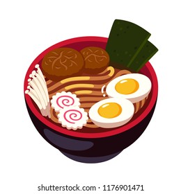 Ramen noodle soup bowl with enoki mushrooms, Naruto spiral fish cake and egg. Traditional Japanese cuisine dish. Cartoon vector illustration. svg