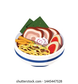 Ramen noodle soup bowl. Ramen isolated on white background. Vector illustration. Traditional Japanese cuisine dish.