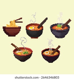 Ramen Noodle Soup Bowls Pixel Art Icon Set. collection of five detailed pixel art icons featuring Japanese ramen noodle soup bowls
