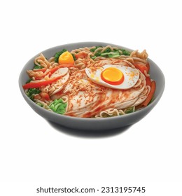 Ramen noodle soup chicken broth boiled egg and garlic realistic 3d vector graphic isolated white background for menu