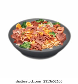 Sopa de fideos de Ramen trozos de carne con patata horneada gráfico de 3d vector realista aislado fondo blanco para el menú