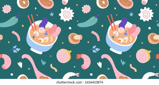 Ramen noodle soup flying background, japanese food, narutimaki, egg and bowl with chopsticks, colorful ornament for ramen shop, menu or wall print. seamless vector pattern for asian cafe, restaurant.