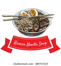 Ramen noodle soup illustration. Vector colorful illustration.