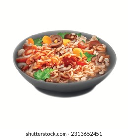 Ramen noodle soup mushroom with nuts and cilantro realistic 3d vector graphic isolated white background for menu