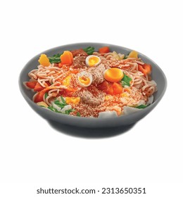 Ramen noodle soup quail eggs with parmesan and carrot realistic 3d vector graphic isolated white background for menu