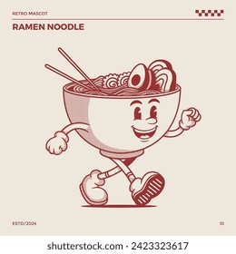 Mascota retro de la sopa de fideos de Ramen, mascota de dibujos animados